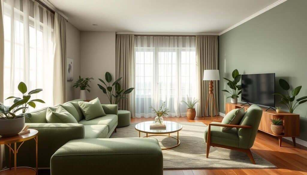 A serene, chic green living room with a harmonious color palette. Soft, muted hues of sage, olive, and emerald create a calming, sophisticated ambiance, accentuated by natural light filtering through sheer curtains. Plush, textured furnishings, including a mid-century modern sofa and armchair, contribute to the inviting, cozy atmosphere. Accents of natural wood, metallic accents, and potted plants add warmth and bring the outdoors in. The room is bathed in a soft, diffused lighting, captured at a low angle to highlight the harmonious, visually pleasing arrangement of the space.