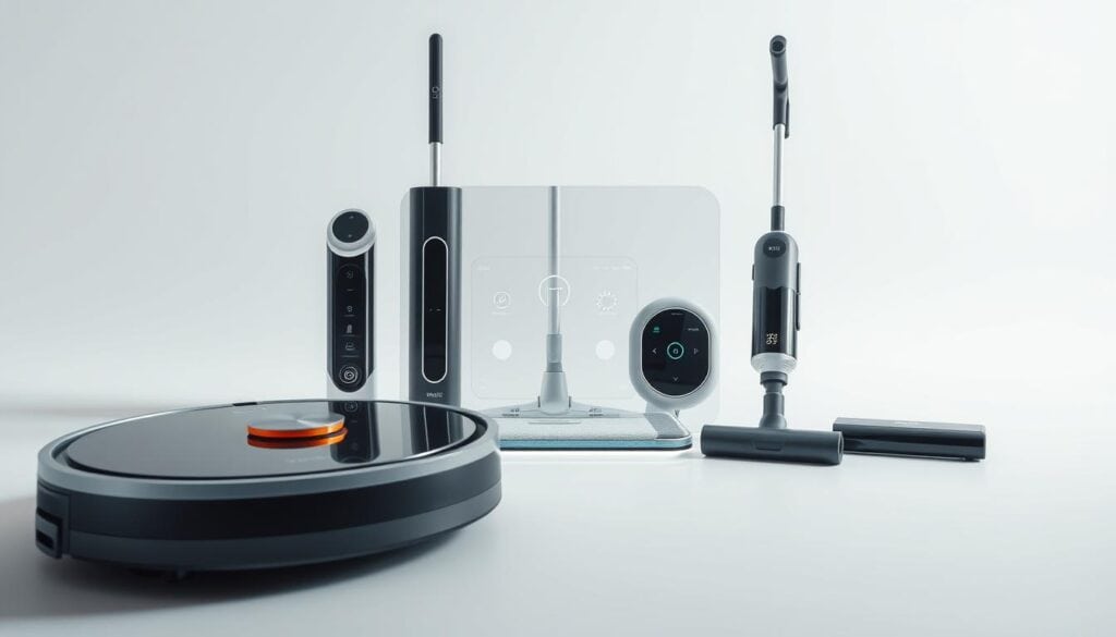 A sleek, minimalist arrangement of modern cleaning technology tools, captured in a well-lit, close-up studio shot. In the foreground, a robotic vacuum cleaner, its smooth, angular design gleaming under crisp, directional lighting. Surrounding it, an array of innovative cleaning devices - a cordless, handheld steam mop, a voice-controlled smart home cleaning system, and a compact, dual-function wet and dry vacuum. The middle ground features a transparent, glass-like display showcasing the intuitive, touch-based controls and digital interfaces of these cutting-edge cleaning solutions. The background is a simple, seamless white backdrop, allowing the products to take center stage and their state-of-the-art features to shine.
