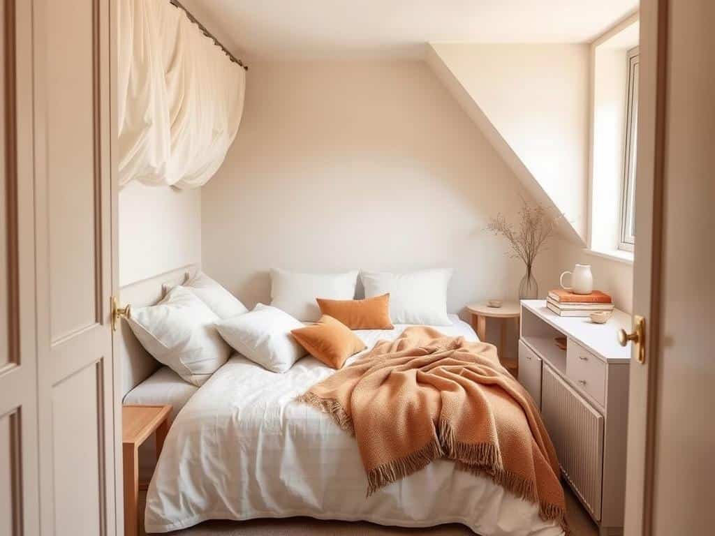 A small bedroom with warm neutral color palette creating a cozy atmosphere