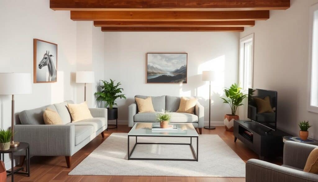 A small living room with furniture floated away from walls creating better flow