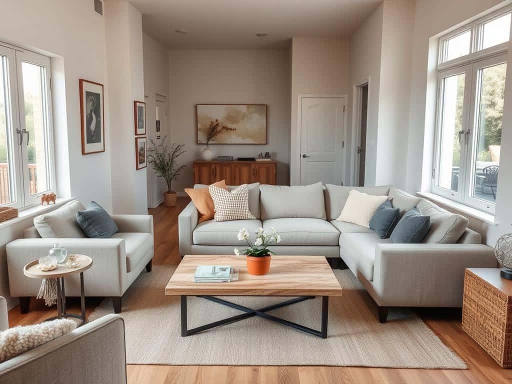 A small living room with one statement sofa and minimal furniture