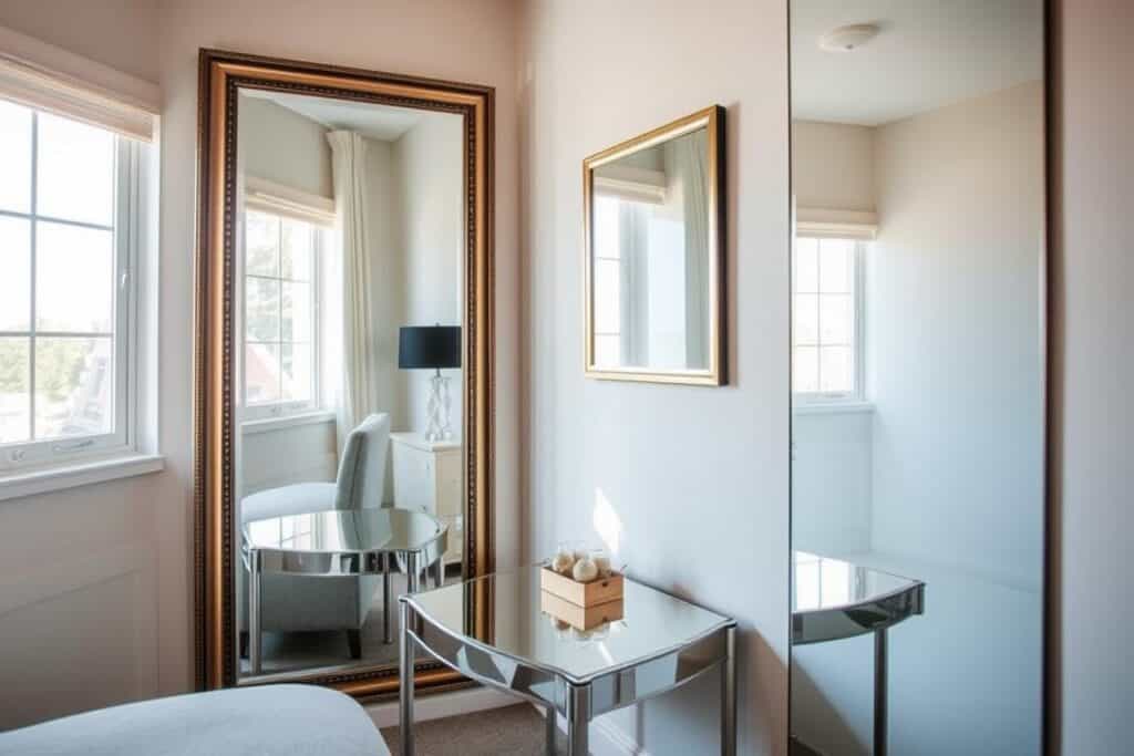A small space with strategically placed mirrors creating depth and reflecting light