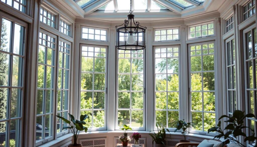 A sunlit sunroom with elegant floor-to-ceiling windows, their panes reflecting the lush, verdant garden outside. The windows are framed by intricate moldings and decorative trim, adding a touch of refined sophistication. Soft, natural light filters in, creating a warm, inviting ambiance. The room's design elements include a stylish pendant light fixture, potted plants, and a cozy seating arrangement that encourages relaxation and contemplation. The overall aesthetic seamlessly blends the indoor and outdoor spaces, creating a harmonious and visually captivating sunroom that embodies the essence of tranquil, modern design.