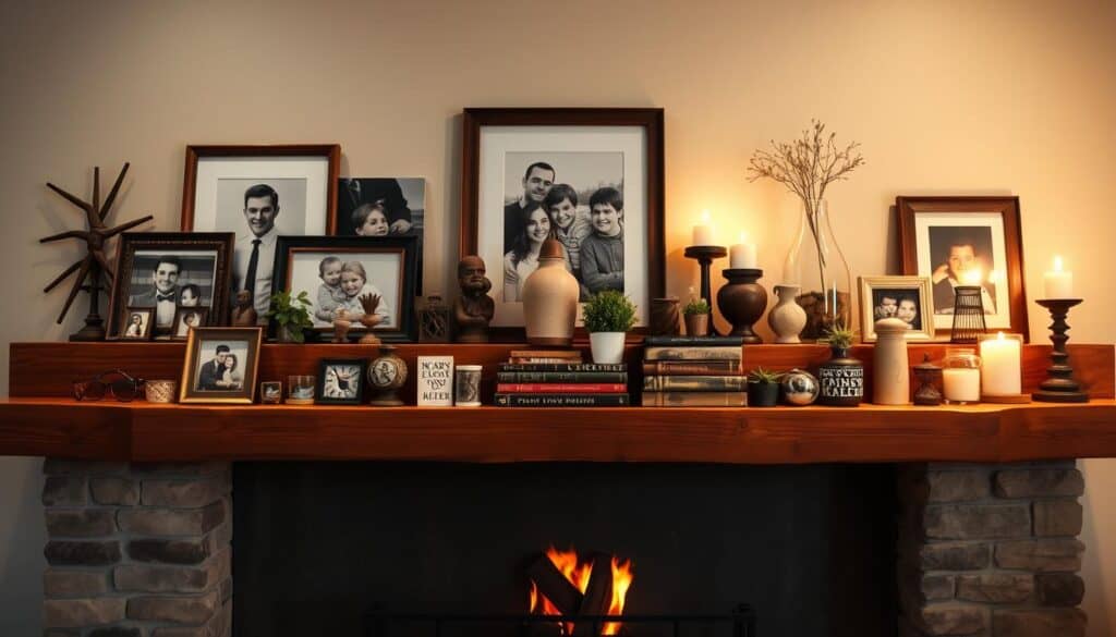 A warm and inviting fireplace mantel, adorned with personal family photos, cherished trinkets, and hobby-inspired accents. The mantel is crafted from rustic wood, casting a soft glow from the ambient lighting above. In the foreground, framed portraits of loved ones are arranged artfully, interspersed with decorative vases, candles, and small sculptures that reflect the homeowner's unique interests and passions. The middle ground features a mix of vintage books, potted plants, and sentimental keepsakes, creating a cozy and lived-in atmosphere. The background showcases the fireplace, its crackling flames providing a captivating focal point and a sense of coziness. The overall scene exudes a sense of comfort, nostalgia, and personalized style, perfectly capturing the essence of a customized fireplace mantel.