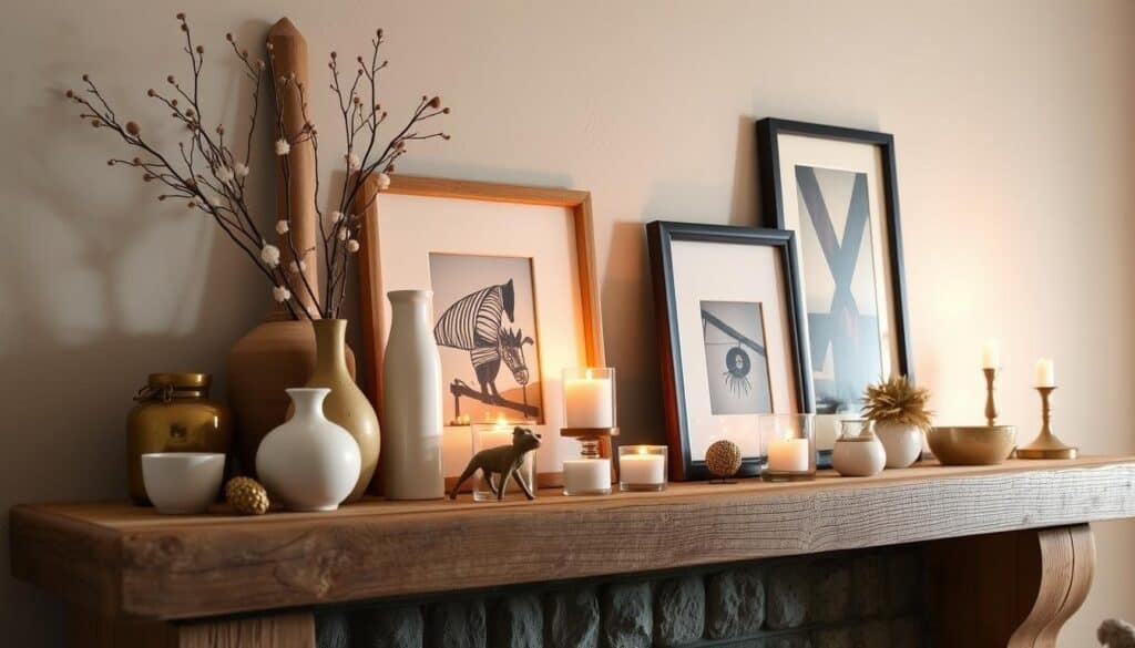 A well-curated mantel display showcasing an arrangement of vases, candles, framed artwork, and small decorative objects. The items are strategically placed to create a visually balanced and harmonious composition. Soft, warm lighting from a nearby fireplace casts a cozy glow, highlighting the textures and colors of the decor. The mantel is made of weathered wood, adding natural charm to the scene. The overall atmosphere exudes a sense of elegance and sophisticated style, perfectly suited for the "Creative Ways to Display Your Items" section of the "Fireplace Mantel Decor: DIY Styling Made Easy" article.