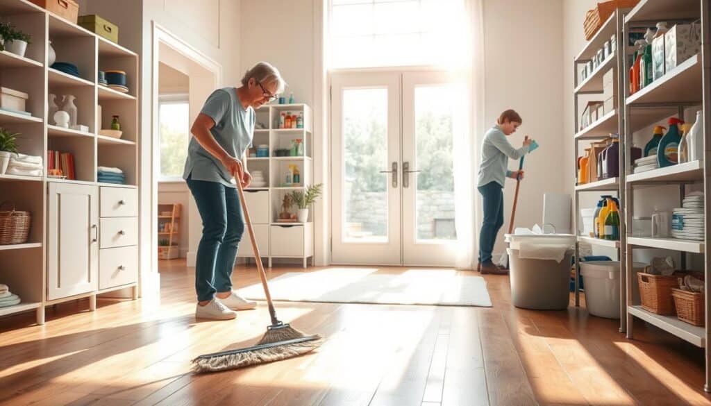 A well-organized home maintenance scene with a bright, airy atmosphere. In the foreground, a person diligently sweeping a hardwood floor with a push broom. In the middle ground, a person dusting shelves, using a microfiber cloth to wipe down surfaces. In the background, a person sorting and organizing cleaning supplies on a tidy shelving unit. Natural sunlight streams in through large windows, illuminating the space. The scene conveys a sense of routine, efficiency, and pride in a clean, orderly home.