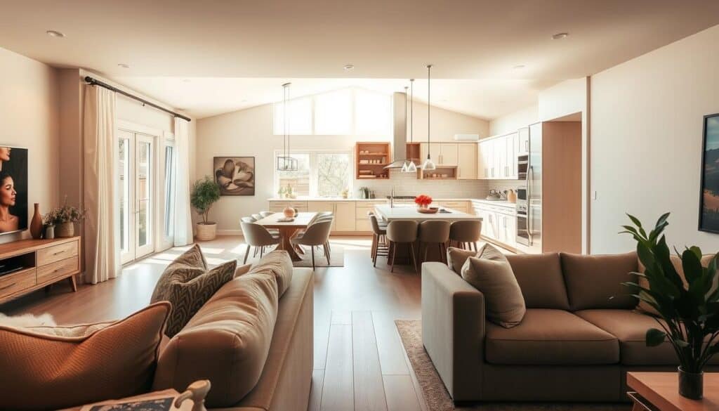 An open-concept living space with a harmonious, cohesive design. In the foreground, a cozy, well-appointed living area with plush seating and natural textures. Midground showcases a seamless transition to the dining area, featuring a modern, minimalist table and chairs. The background depicts a spacious, sun-drenched kitchen with clean-lined cabinetry and stainless steel appliances. Warm, diffused lighting illuminates the space, creating a sense of inviting ambiance. Neutral color palette and natural materials like wood and stone unite the different zones, resulting in a visually coherent, visually pleasing, and functionally integrated home design.