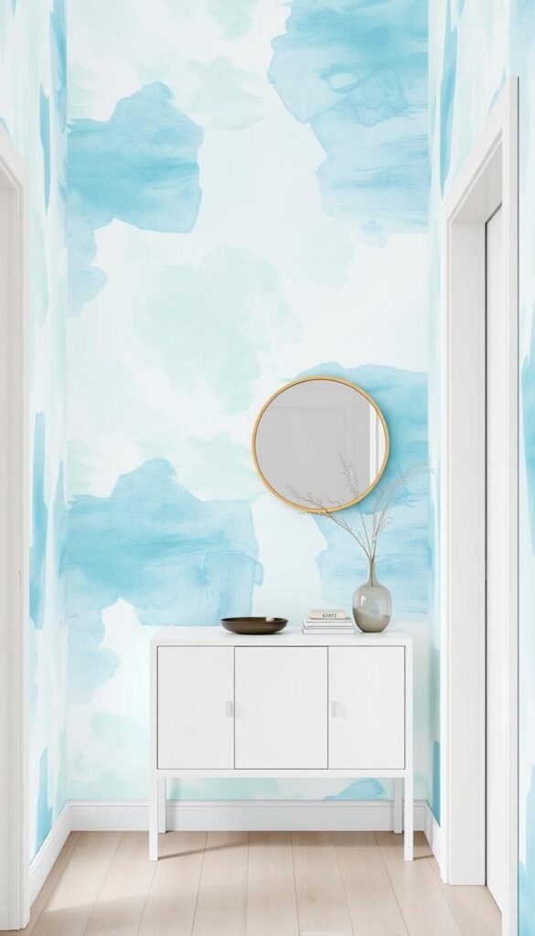 Artistic hallway with soft watercolor effect wallpaper in blues and greens