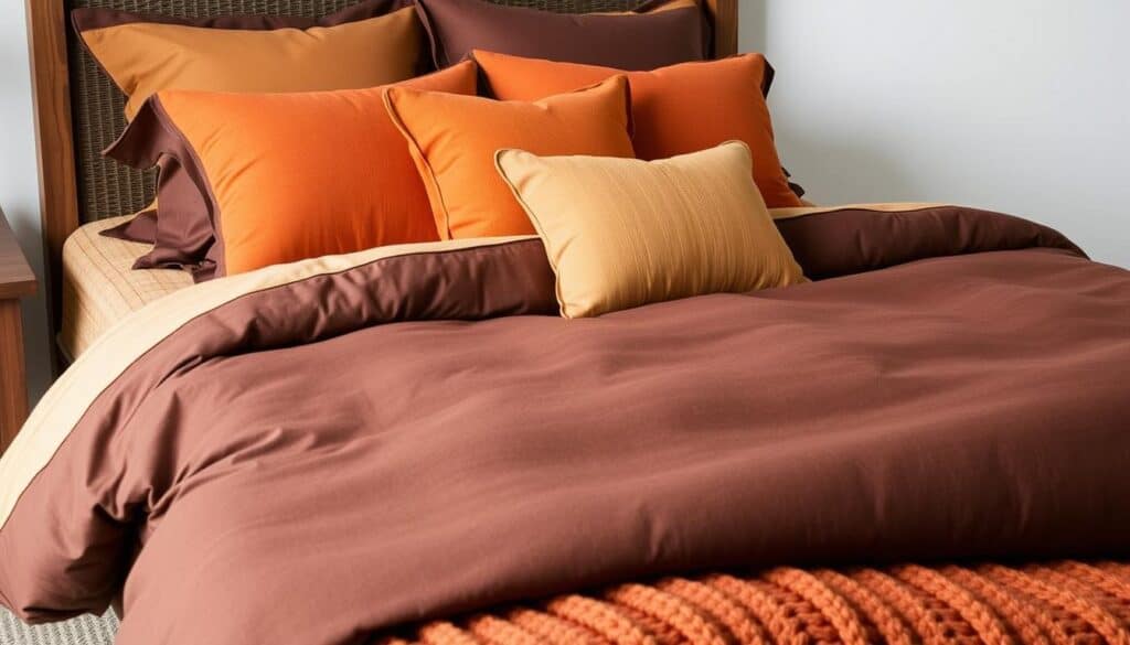 Bed with earth-tone fall bedding in browns and amber tones