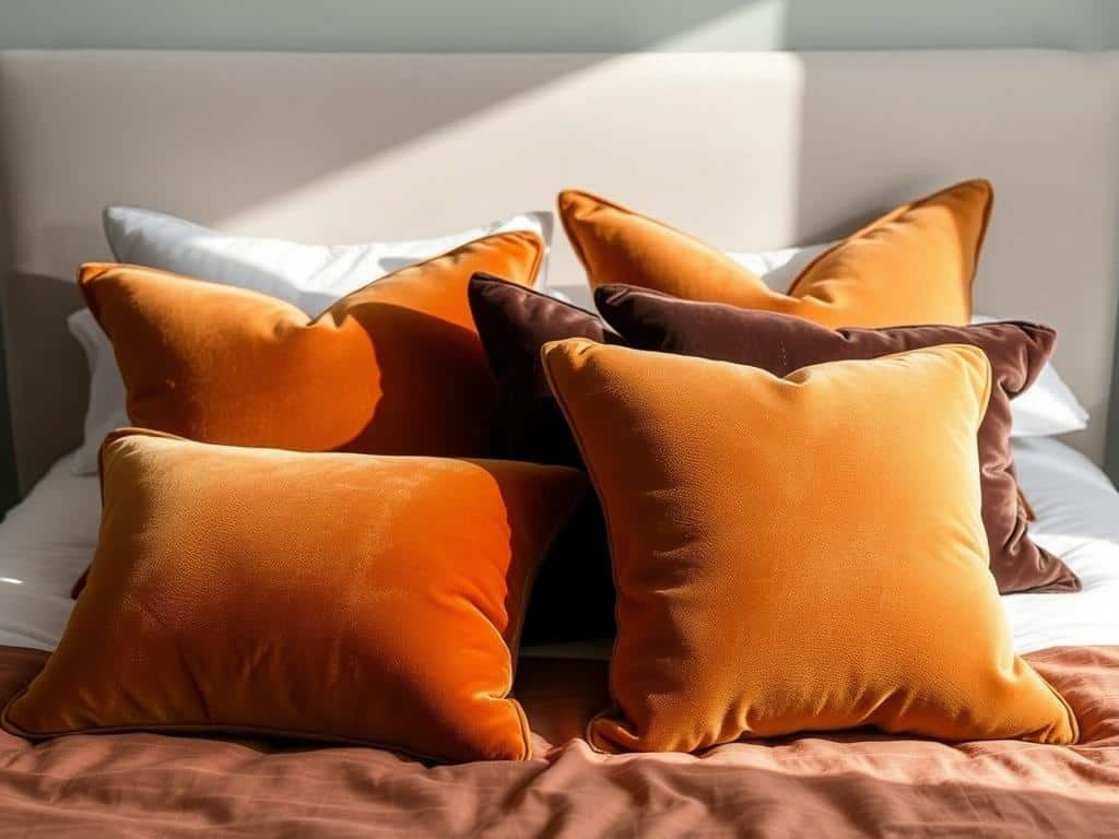 Bed with various velvet pillows in burnt sienna, coffee, and amber shades