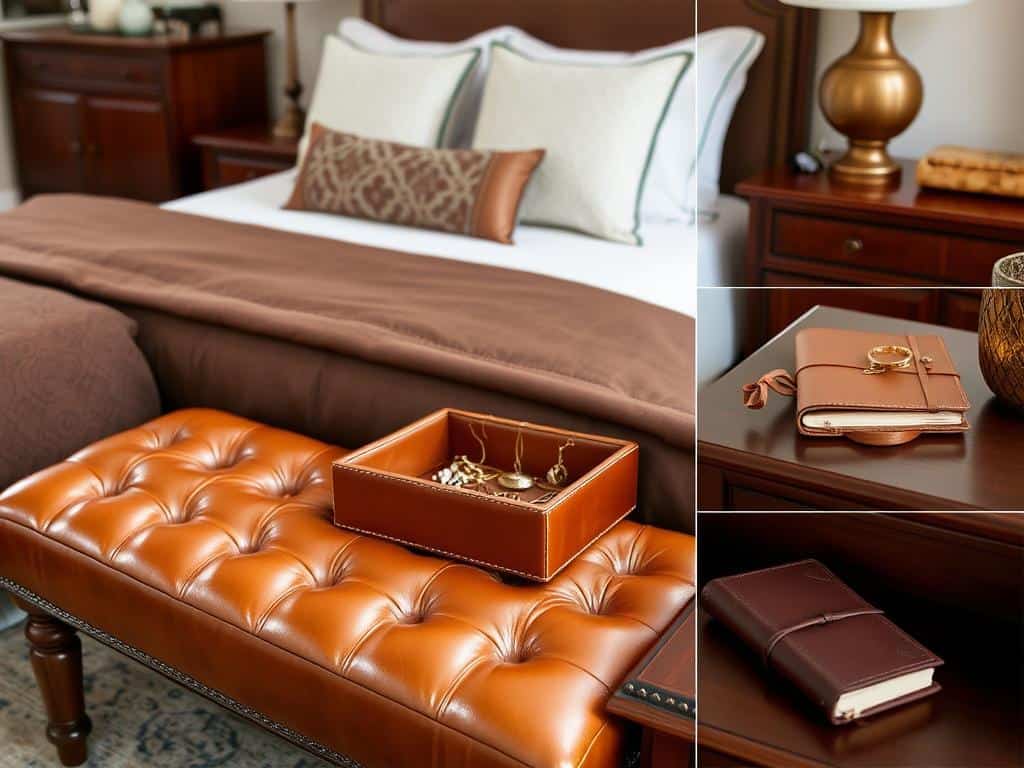 Bedroom with leather accents including a bench and nightstand accessories
