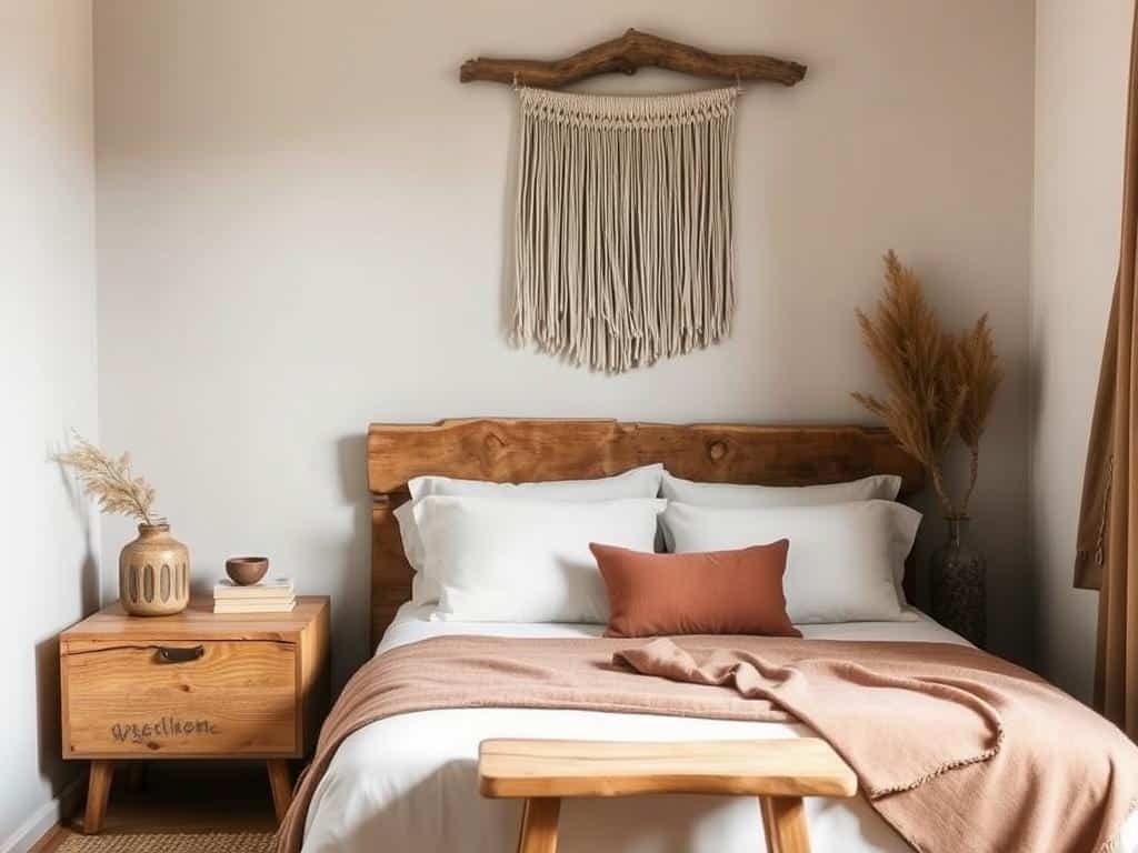 Bedroom with natural wooden accents including a bedside table and wall art