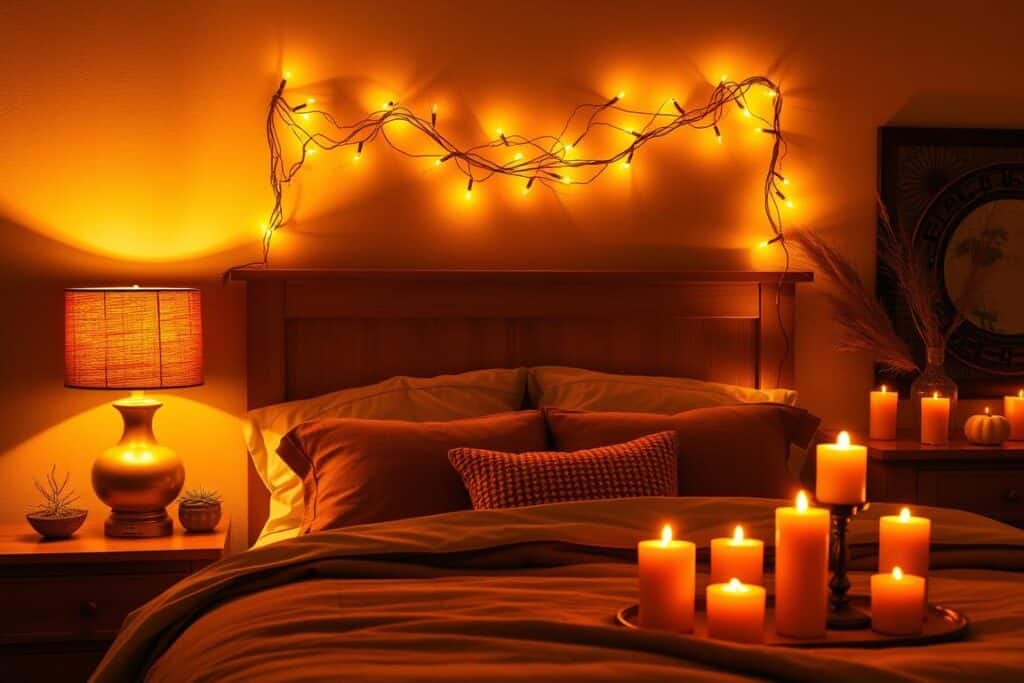 Bedroom with warm amber lighting creating a cozy fall atmosphere