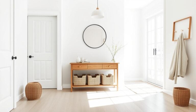 Bright Scandinavian hallway with white walls, wooden floor, and minimalist furniture