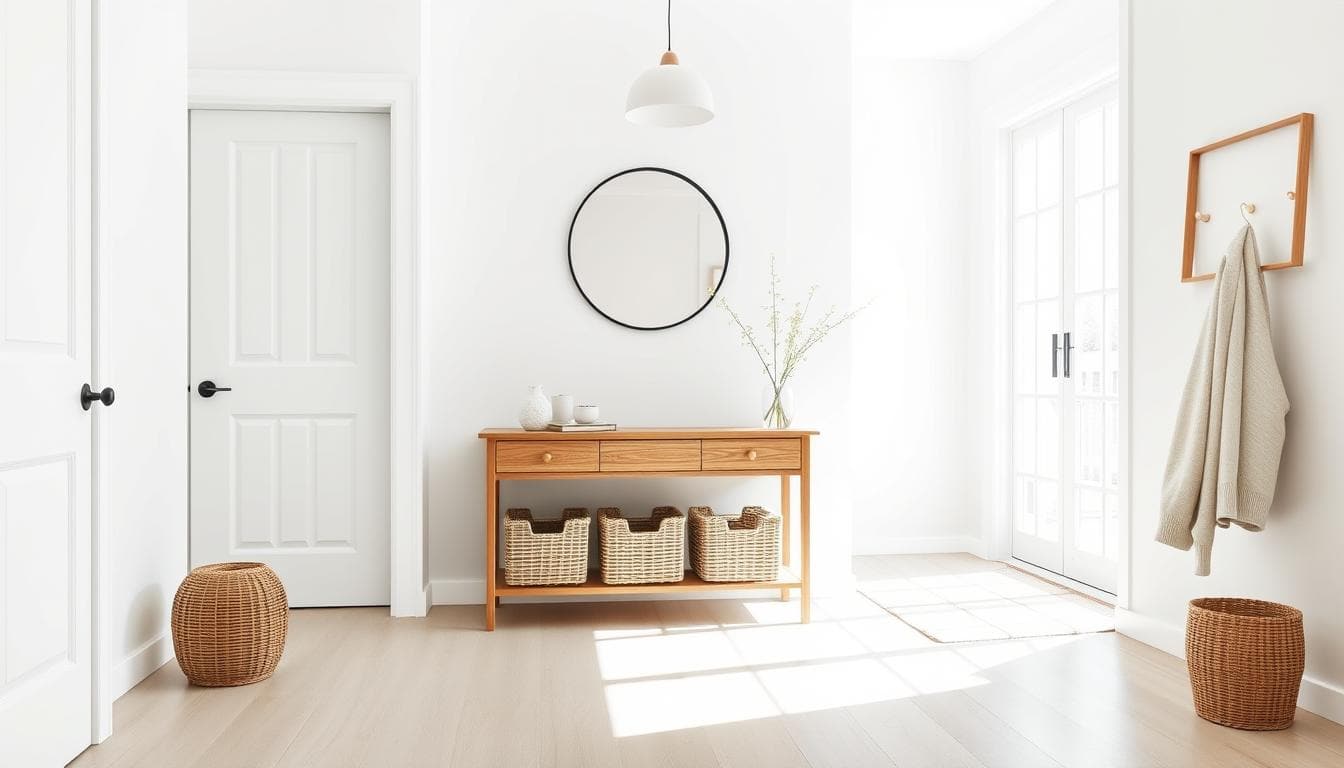 Bright Scandinavian hallway with white walls, wooden floor, and minimalist furniture