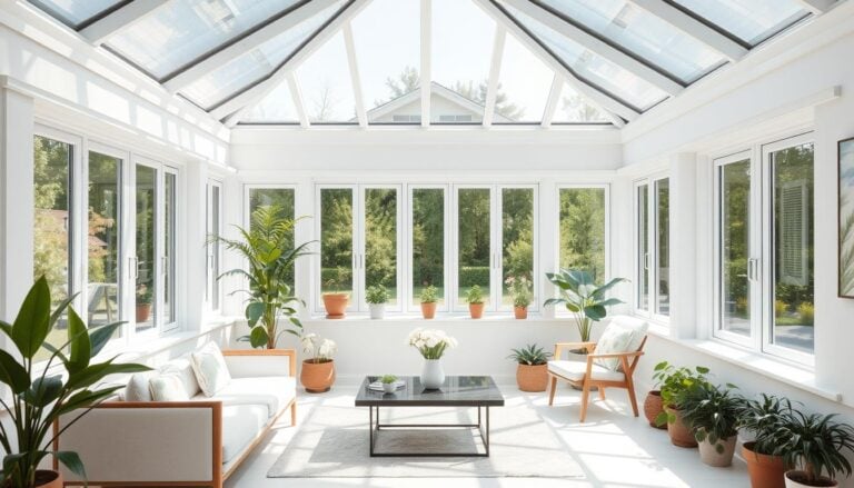Bright, airy sunroom with floor-to-ceiling windows and minimal furniture