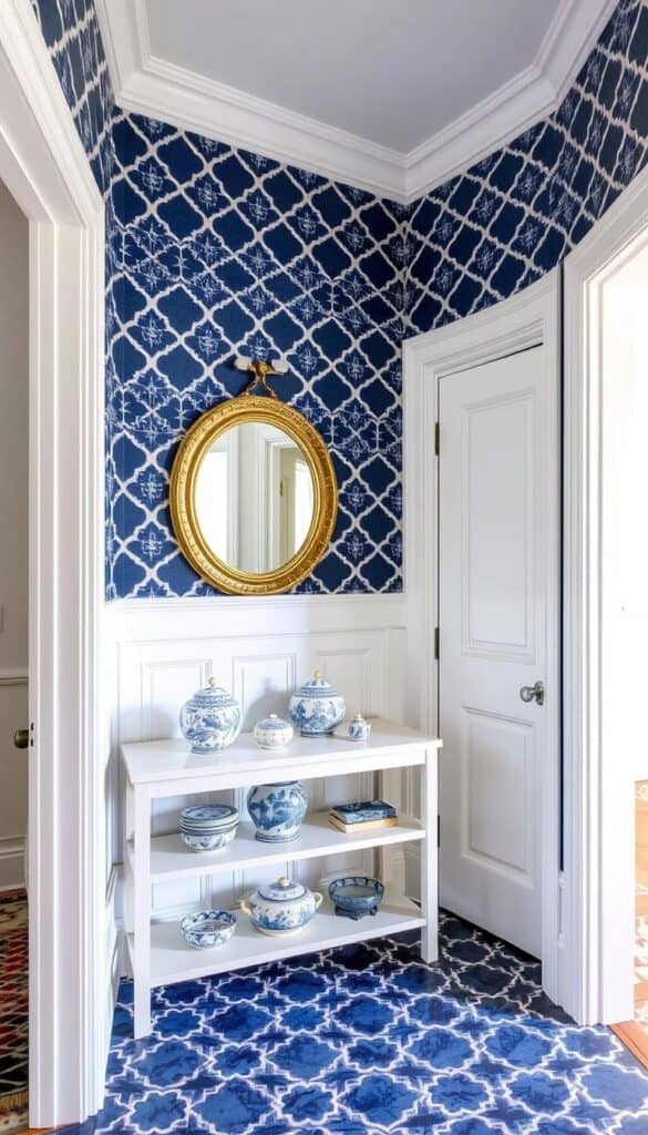 Bright hallway with navy blue trellis wallpaper and white trim