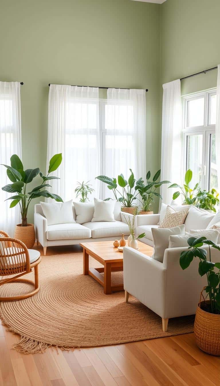 Bright sage-painted living room with a light sofa, jute rug, and plants