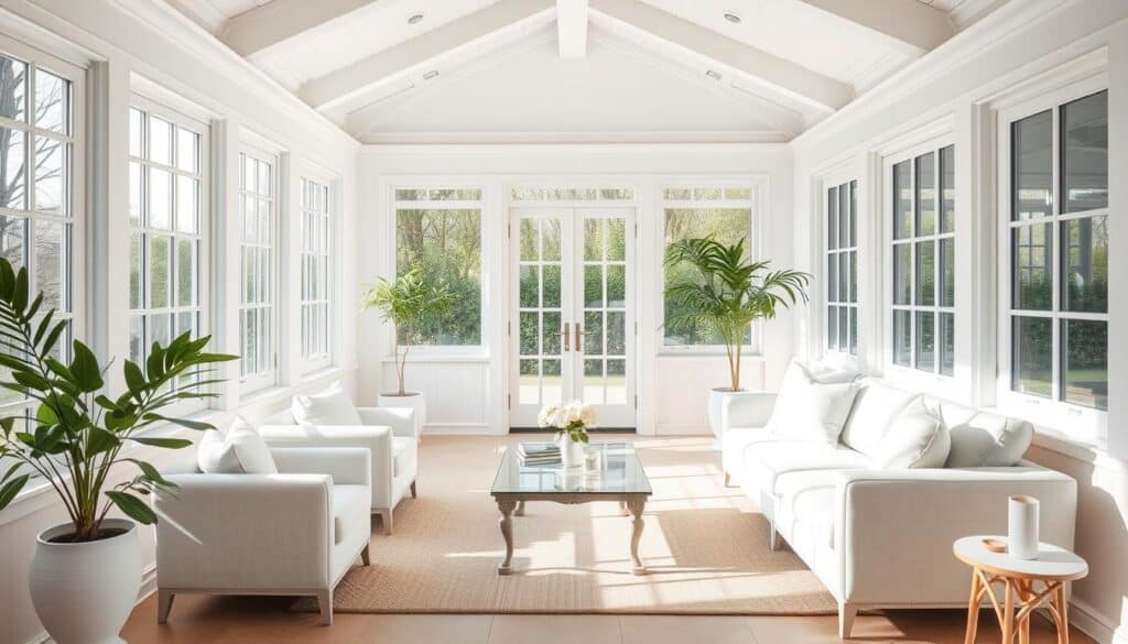 Bright sunroom with white walls, light furniture, and subtle pastel accents