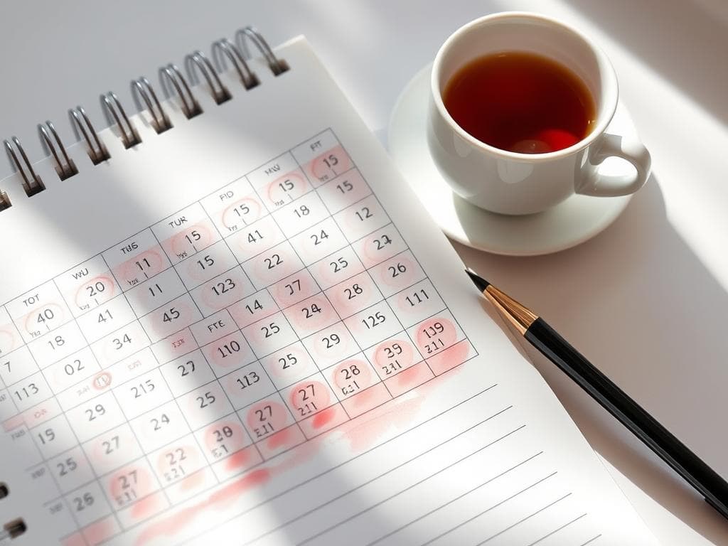 Calendar with marked period dates showing irregular pattern, representing hormone imbalance symptoms affecting menstrual cycles Calendar with marked period dates showing irregular pattern, representing hormone imbalance symptoms affecting menstrual cycles