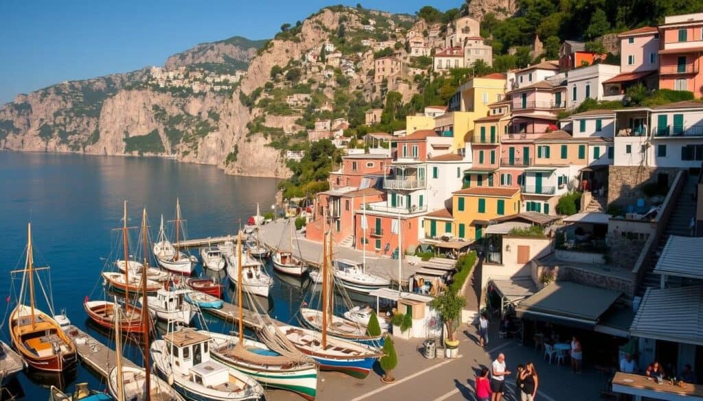 Cetara fishing village, nestled along the picturesque Amalfi Coast, bathed in warm Mediterranean sunlight. Quaint, colorful houses cascade down the hillside, their pastel hues reflecting in the calm, azure waters of the harbor. Weathered fishing boats sway gently, their nets and ropes casting intricate shadows. In the foreground, a small piazza bustles with local life - fishermen mending their catch, café patrons sipping espresso, and residents exchanging lively conversation. The middle ground features charming, family-run accommodations - whitewashed villas and B&Bs with wrought-iron balconies, surrounded by lush, fragrant gardens. In the distance, the dramatic cliffs of the Amalfi Coast rise, creating a stunning natural backdrop for this picturesque seafaring village.