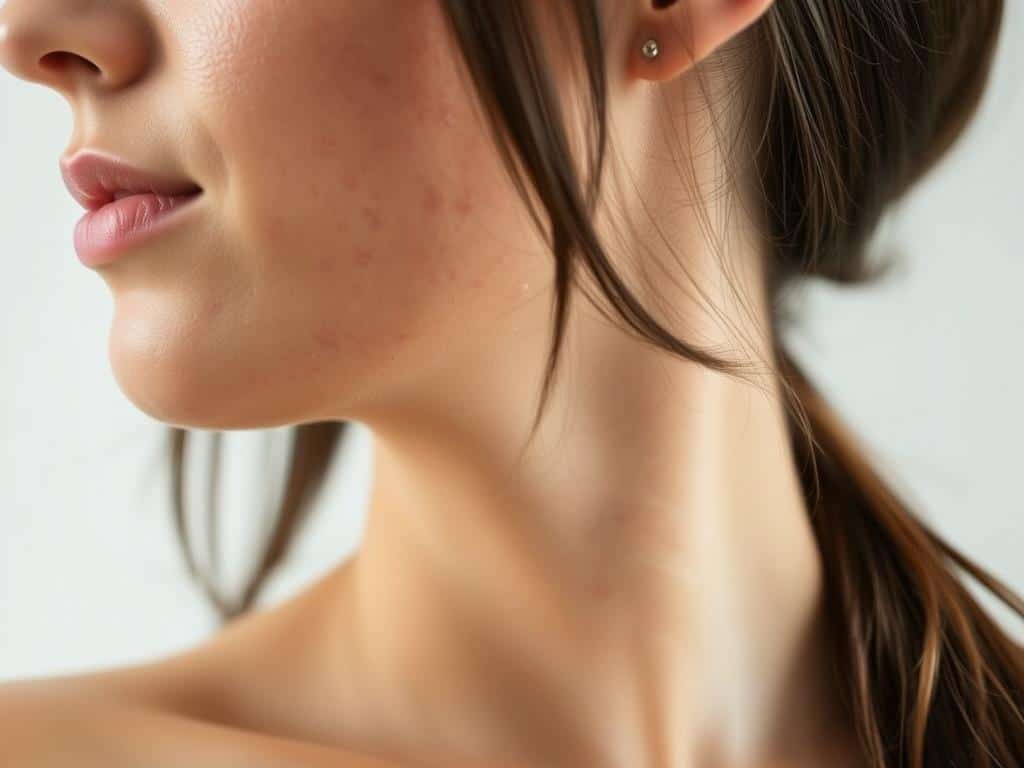 Close-up of jawline acne, a common sign of hormone imbalance symptoms in adults Close-up of jawline acne, a common sign of hormone imbalance symptoms in adults