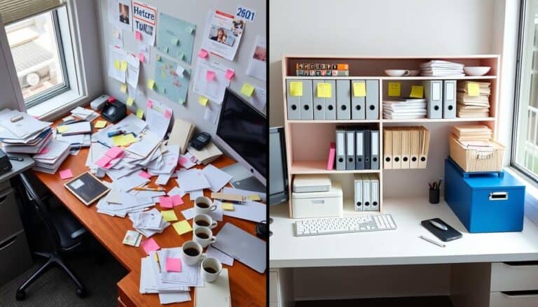Cluttered desk with scattered papers compared to an organized desk filing system