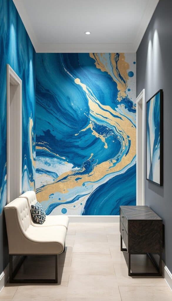 Contemporary hallway with abstract mural wallpaper in blues and golds