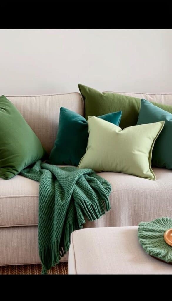 Couch styled with layered green-toned pillows and throws