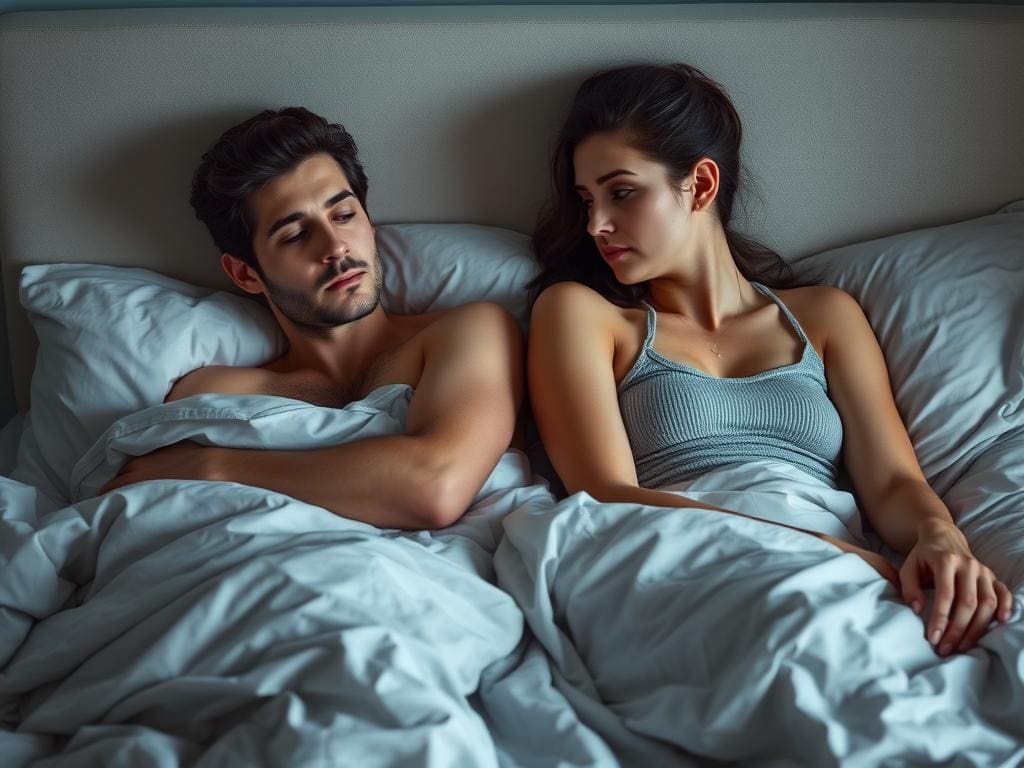 Couple looking disconnected in bed, representing low libido from hormone imbalance symptoms Couple looking disconnected in bed, representing low libido from hormone imbalance symptoms
