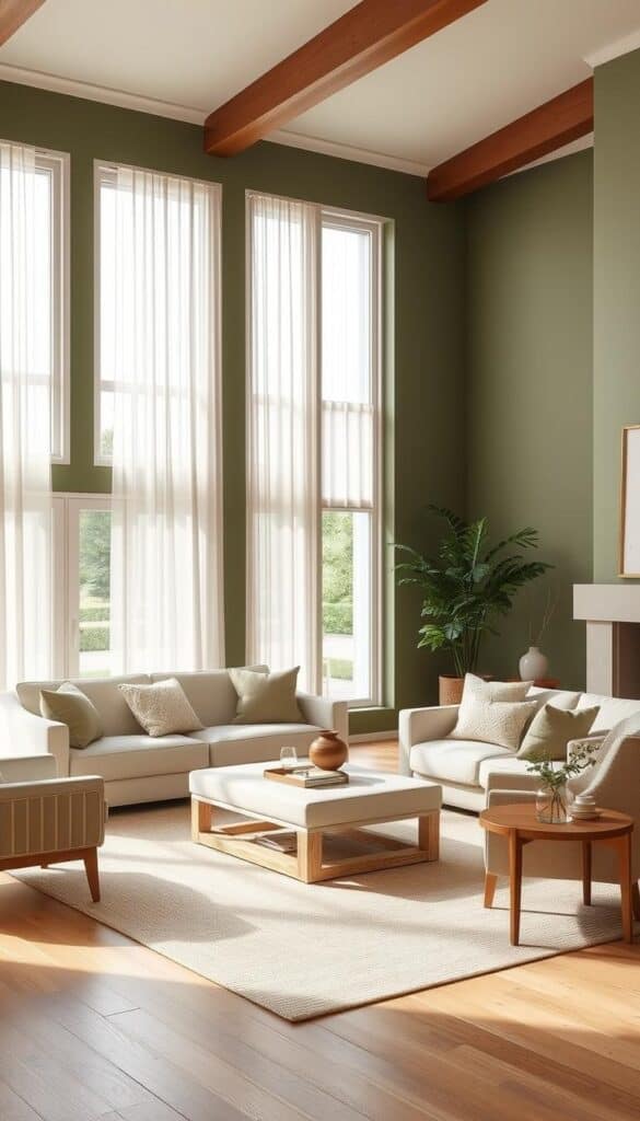 Cream sofa set against sage or olive walls