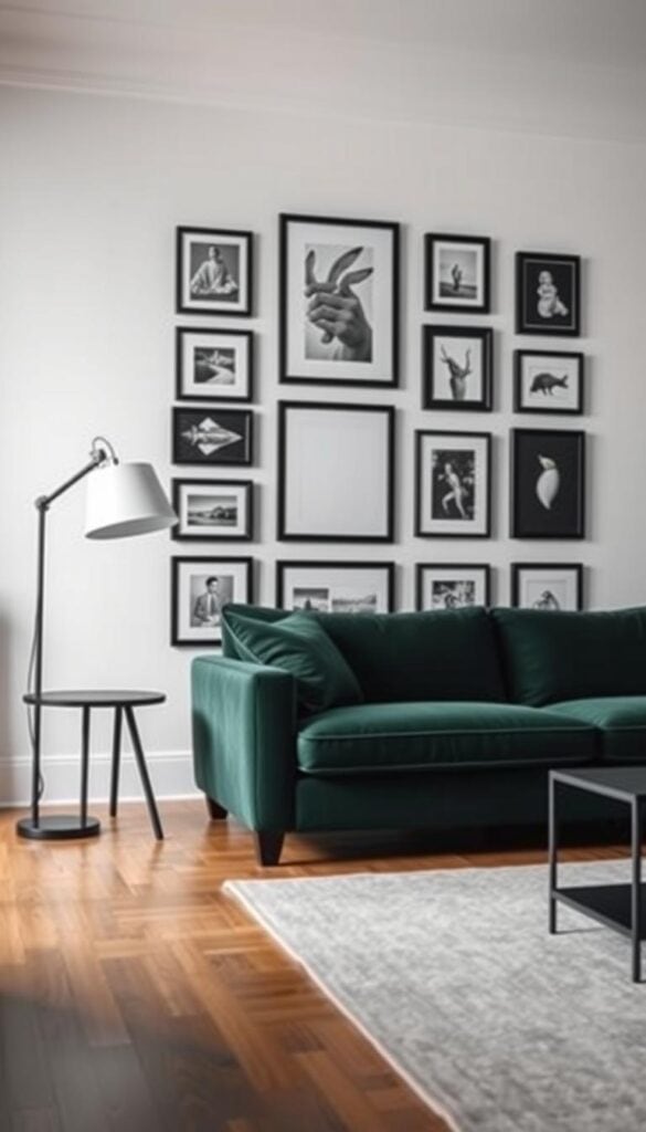 Dark green couch with black framed gallery wall
