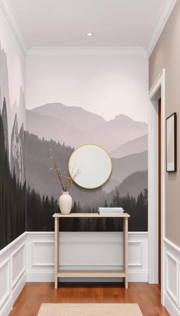 Dramatic hallway with scenic landscape mural wallpaper in muted tones