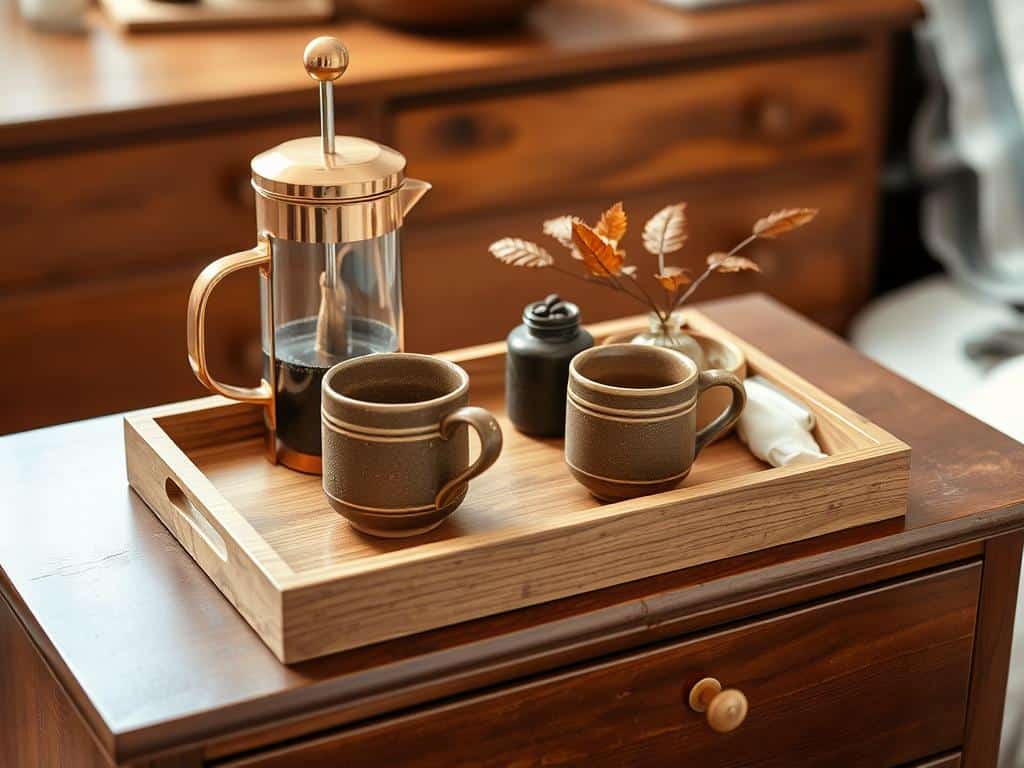 Dresser with small coffee station featuring French press and ceramic mugs