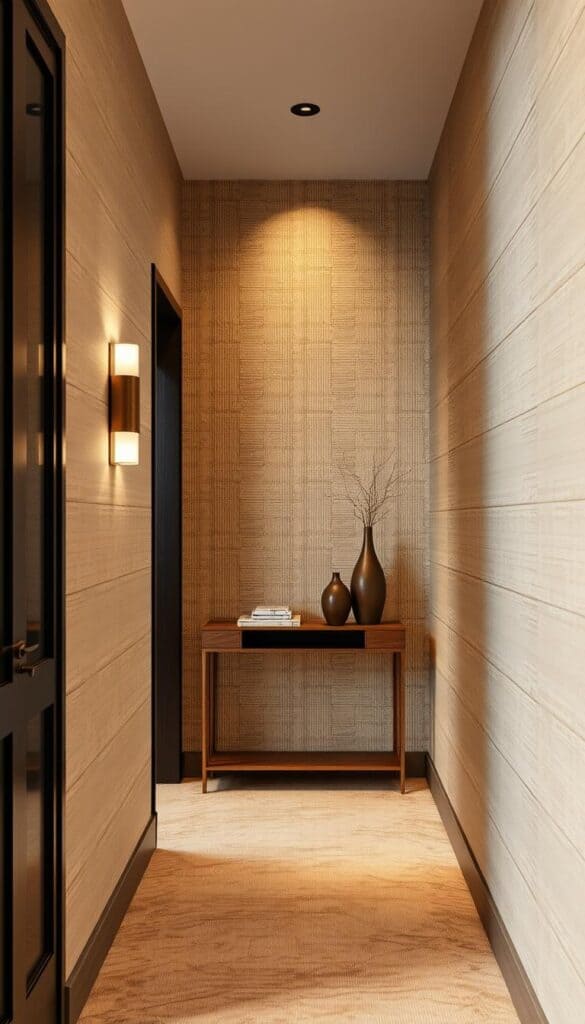 Elegant hallway with beige grasscloth wallpaper and warm lighting