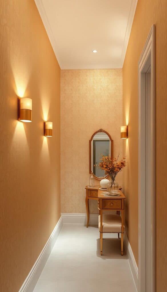 Elegant hallway with champagne gold metallic wallpaper and soft lighting