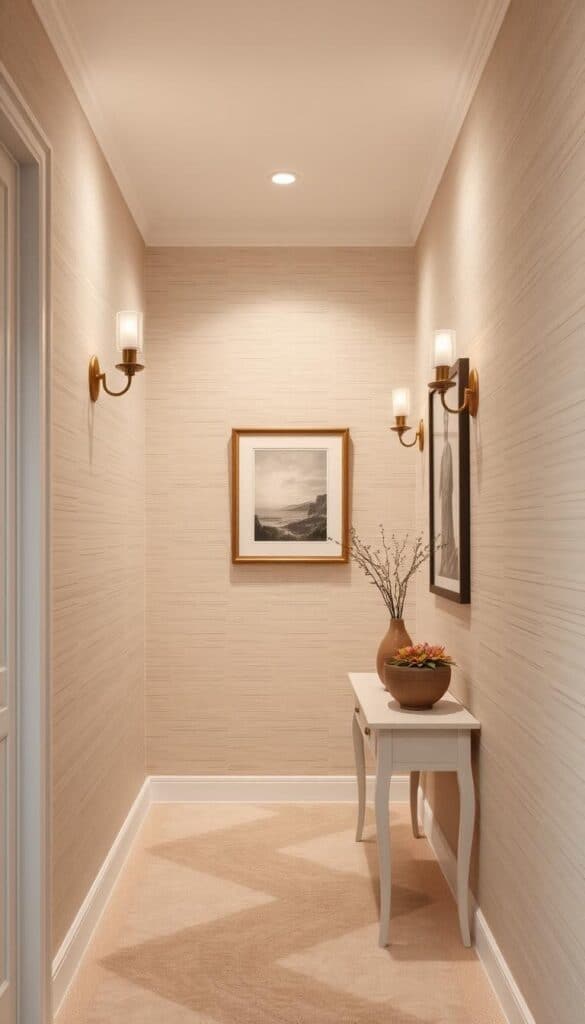 Elegant hallway with linen textured wallpaper in soft beige tones