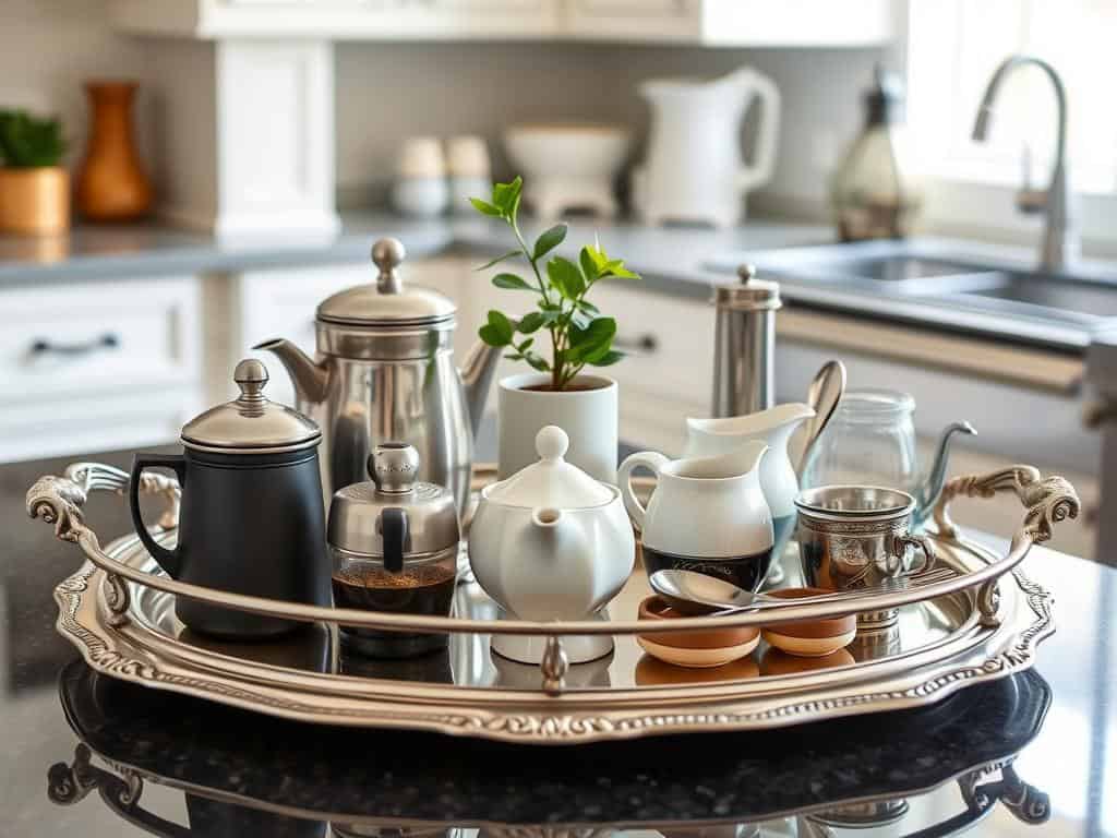 Elegant vintage tray organizing coffee essentials on a kitchen counter