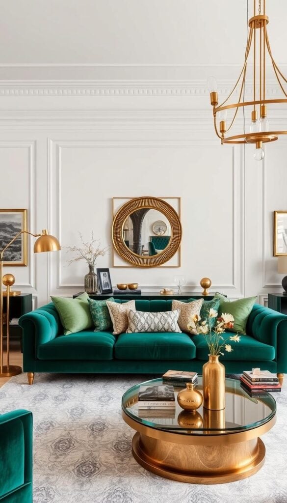 Emerald couch with brass accents and modern lighting