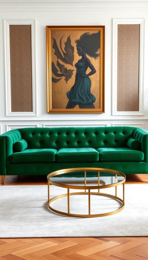 Emerald green velvet couch with gold coffee table