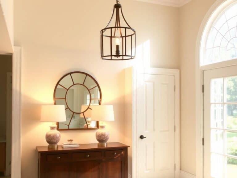Entryway with layered lighting including a pendant light, table lamp, and natural light from a window