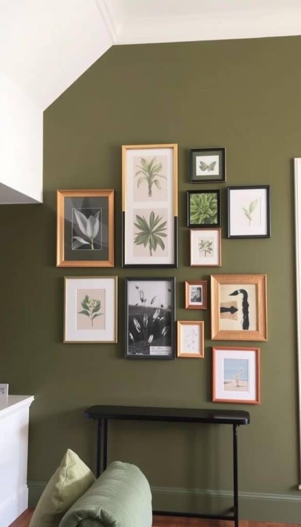 Gallery wall on an olive green background