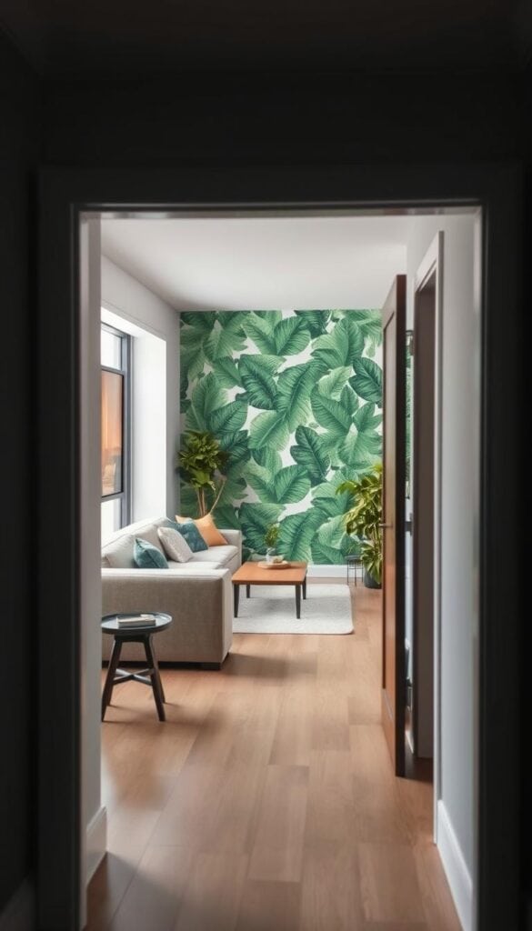 Hallway view into a green wallpapered living room