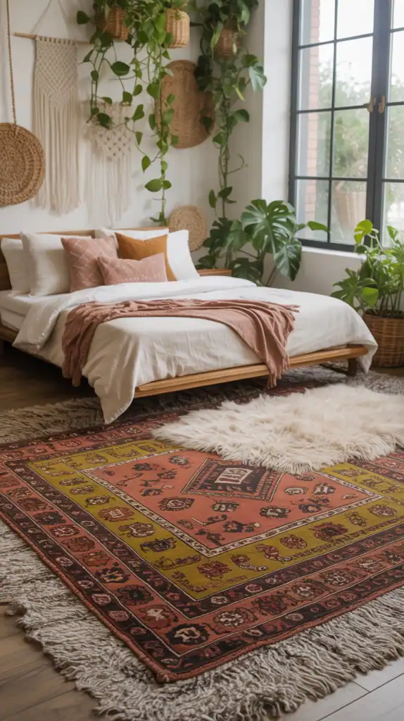 A cozy boho-inspired bedroom with a lush, layered rug arrangement. In the foreground, a large, plush, vintage-inspired area rug in earthy tones of terracotta, ochre, and olive green, with intricate geometric patterns. Overlapping it, a smaller, shaggy sheepskin rug in creamy white, adding texture and softness. In the middle ground, a low-profile, wooden bed frame with crisp white linens and a collection of decorative pillows in complementary hues. The background features a wall adorned with macrame wall hangings, woven baskets, and lush, trailing houseplants, all bathed in warm, natural lighting from a large window. The overall atmosphere is cozy, inviting, and effortlessly bohemian.