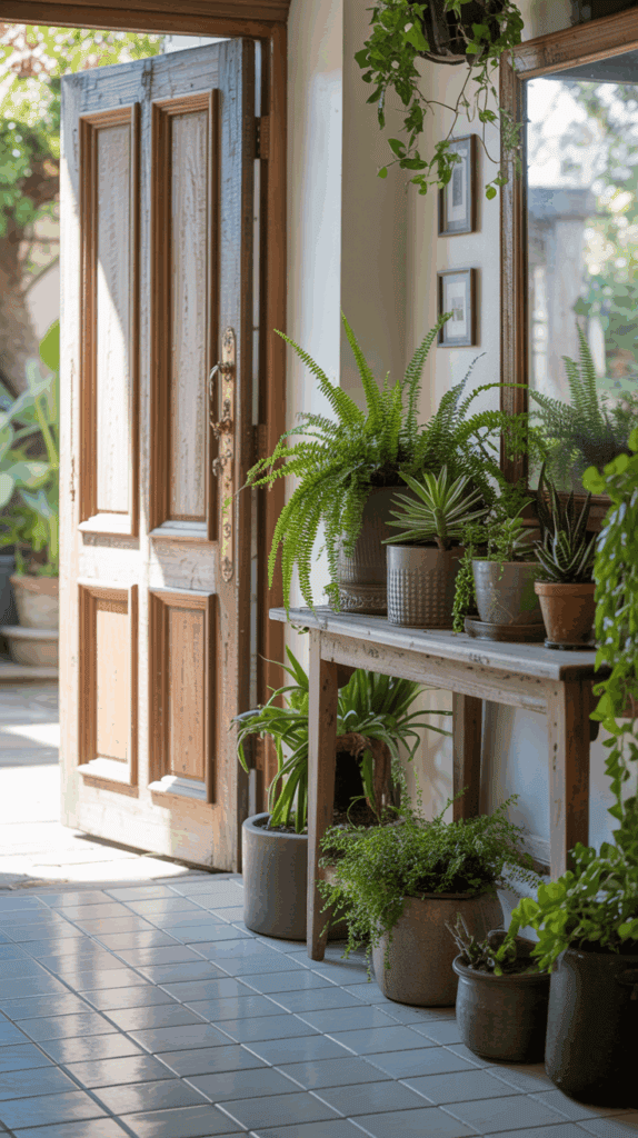 A bright entryway with various indoor plants and a wooden door.