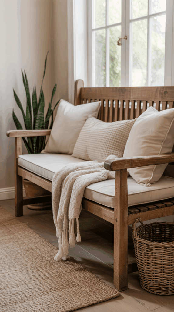 Cozy entryway bench with cushions, plant, and decorative basket.
