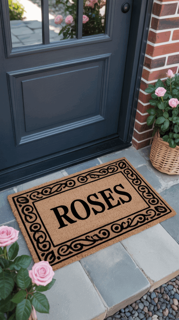 A personalized welcome mat with the name 'Roses' displayed in a decorative font, placed at the entrance of a home