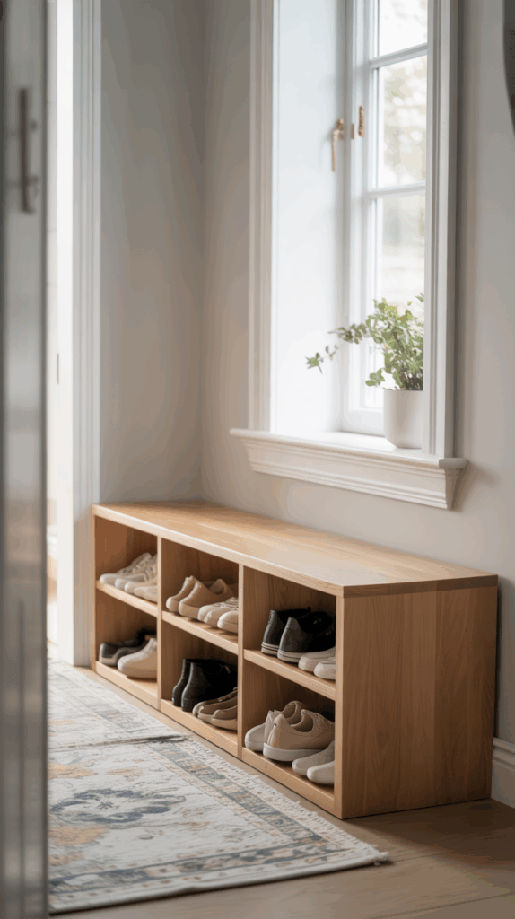 Stylish shoe storage bench with cubbies and shoes organized.
