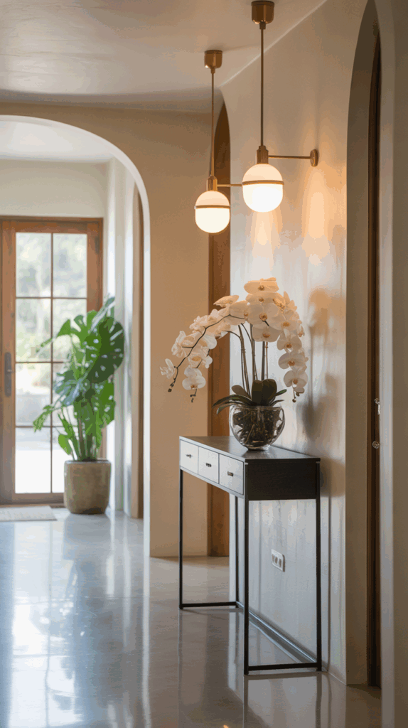 A warmly lit entryway with stylish pendant lights and a welcoming atmosphere.