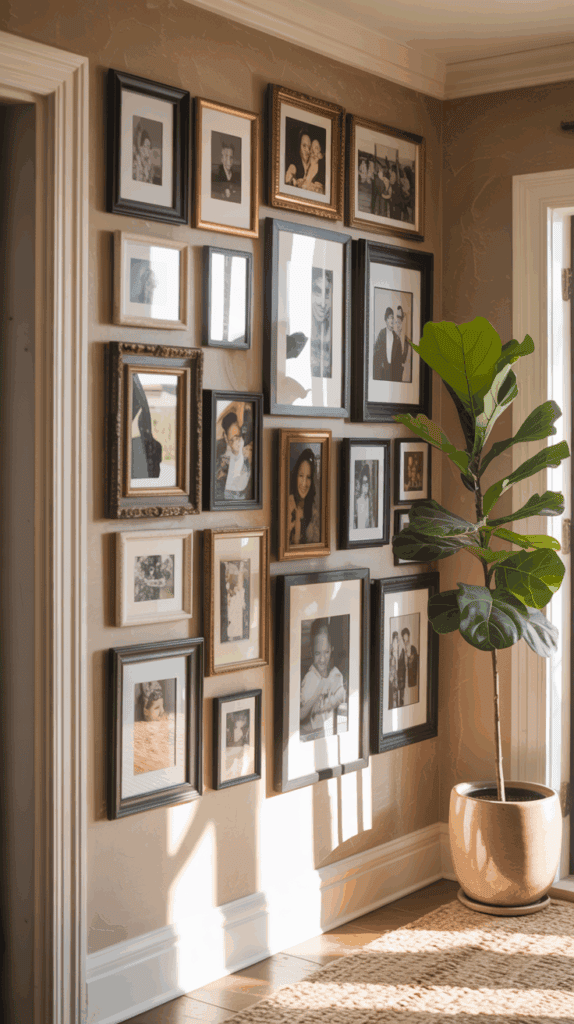 Gallery wall of family photos in an entryway with various frames and a plant